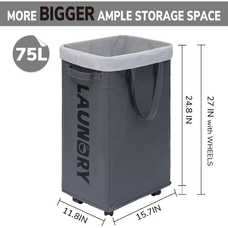 Lightweight Rolling Laundry Hamper W/ Removable Mesh Bag Sturdy Handle 4 Wheels