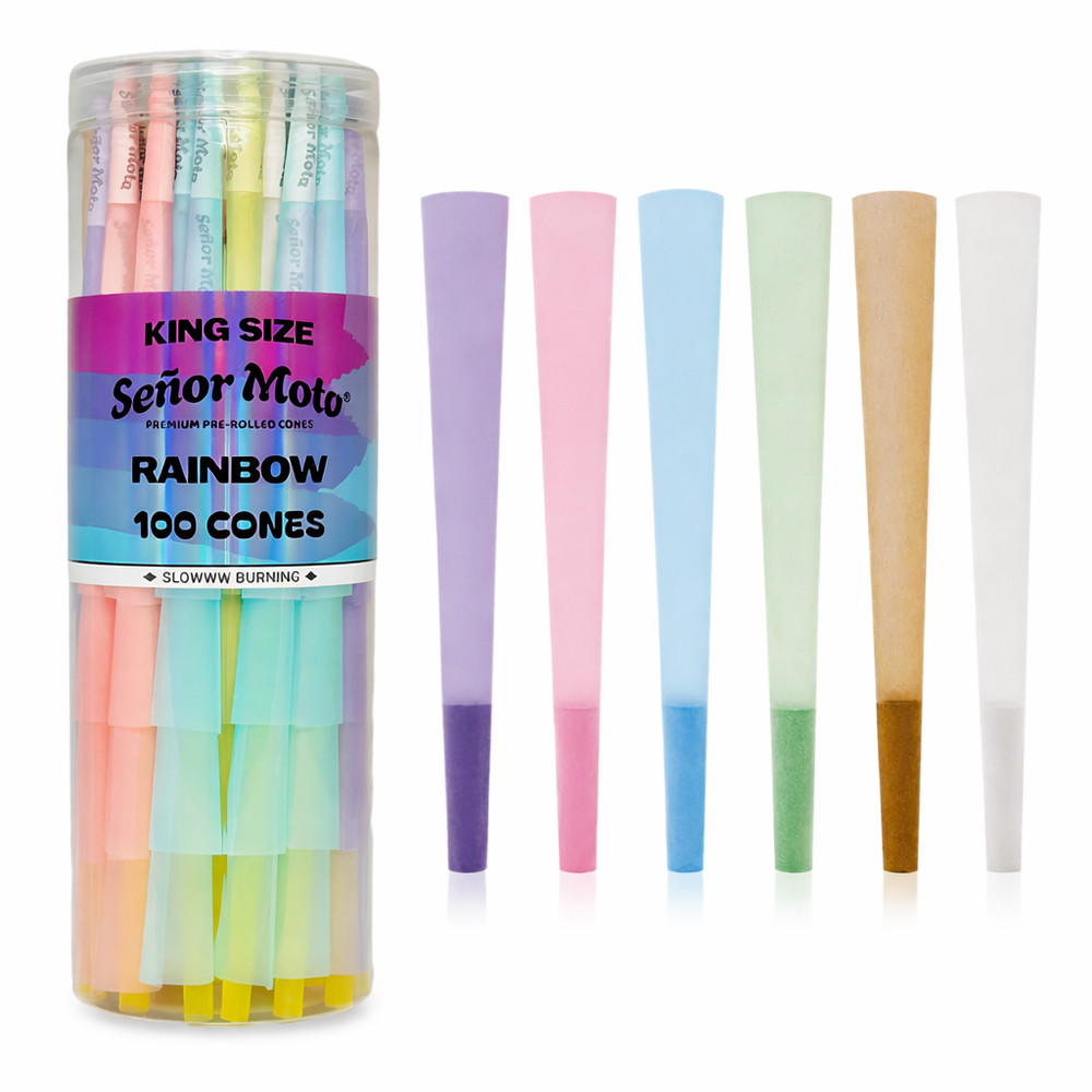 100 Pack Rainbow KING SIZE Pre-Rolled Cones W/ Packers | Low Ash | Slow Burning