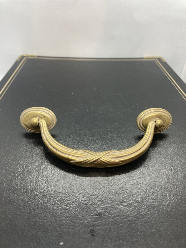 Old Drawer Drop Handle Bail Pull Solid Brass Vintage 5” Center Holes Heavy