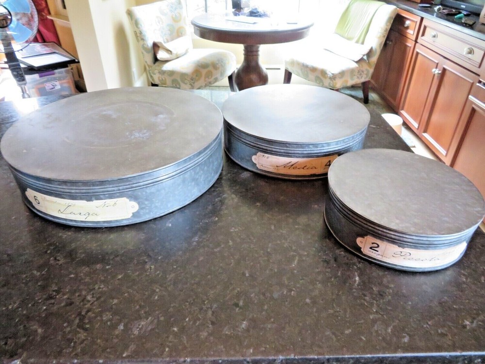 Vintage LOOKING SET 3 Round Stacking Galvanized Tins HUGE 17"