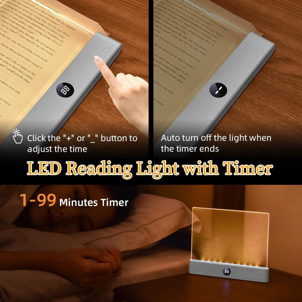 Rechargeable LED Book Light with Timer, 3 Colors, Dimmable, Ideal for Readers