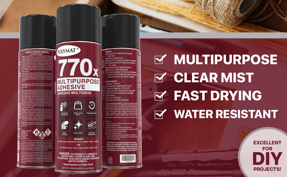 QTY: (8) Polymat 770X MULTIPURPOSE CLEAR MIST SPRAY ADHESIVE