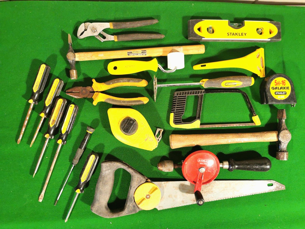 Stanley Grey / Black Cantilever Plastic Toolbox with various used Stanley tools