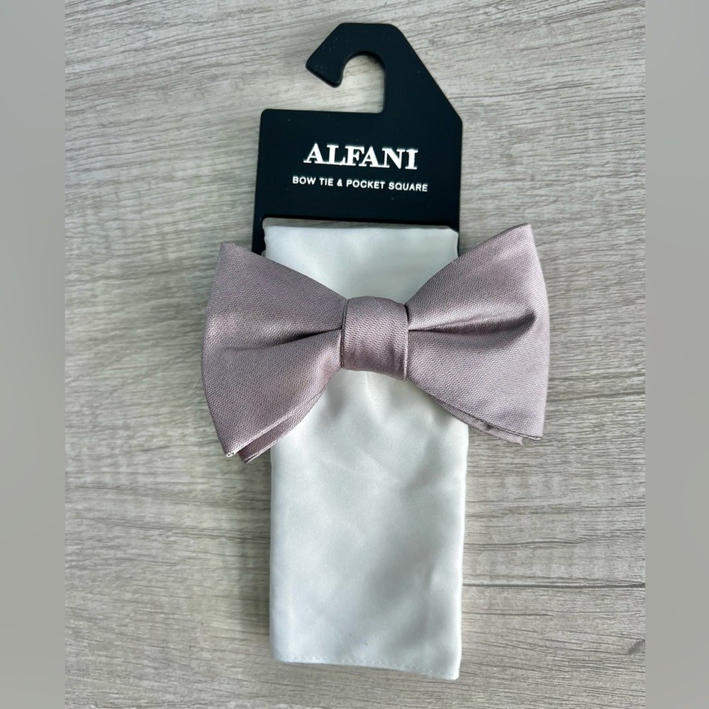 Alfani Men's Solid Textured Pink Bow Tie & Solid White Pocket Square Set