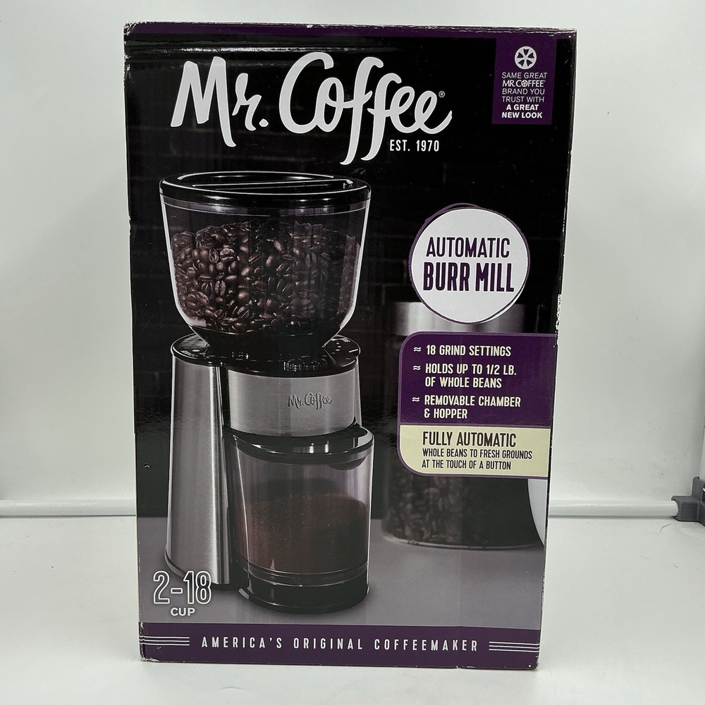 Mr. Coffee Automatic Burr Mill Coffee Grinder with 18 settings / cups Silver