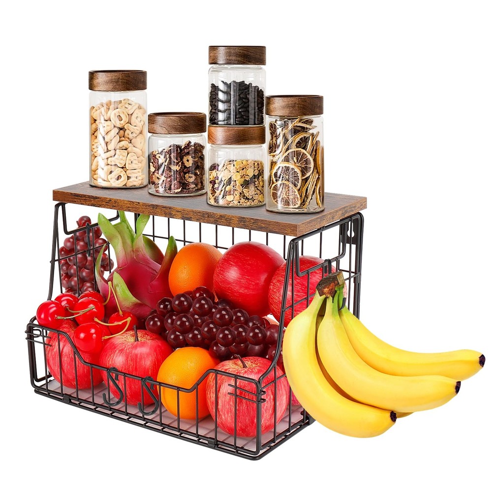 Fruit Basket for Kitchen, Metal Fruit Vegetable Storage Bin with 2 Banana Han...