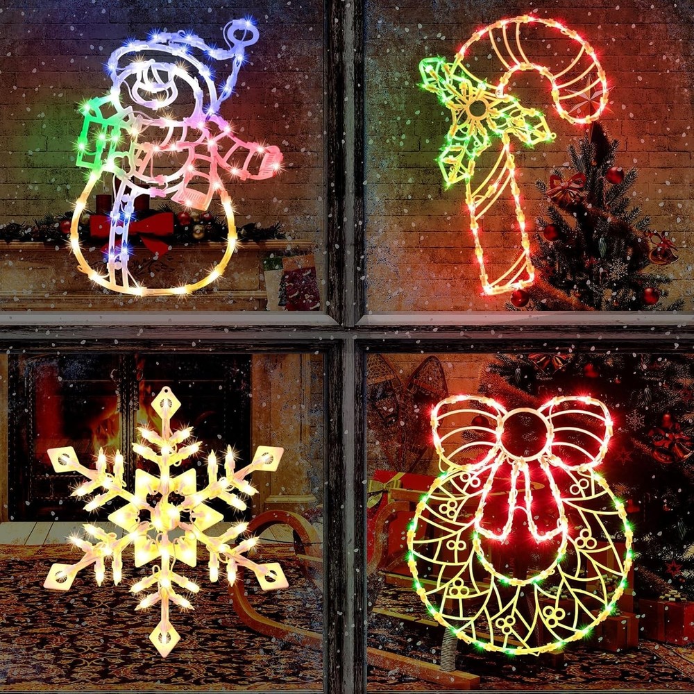 4 Pack Christmas Window Silhouette Lights Decorations, Lighted Wreath, Candy ...