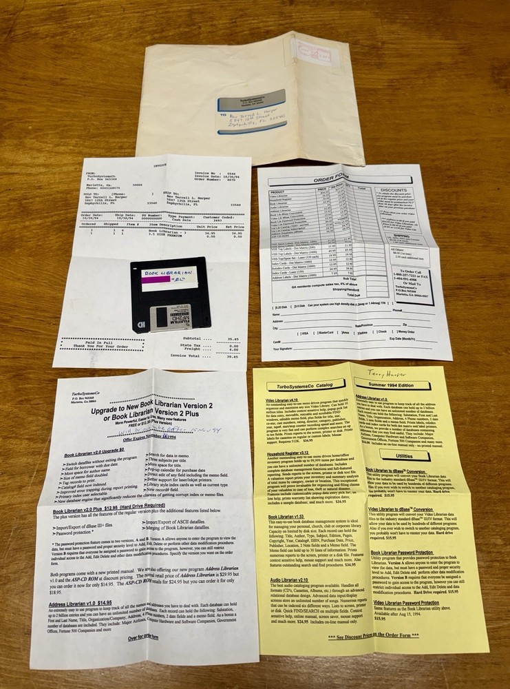 1994 Book Librarian v3 TurboSystemsCo 3.5” Disk w/ Invoice & Catalog