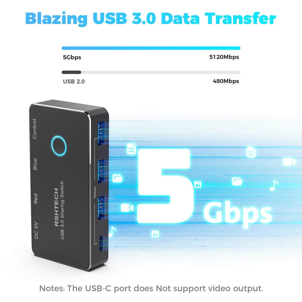 USB 3.0/USB C Switch 2 Computers Share 4 USB 3.0 Data Ports(3 USB-A+1 USB-C),...