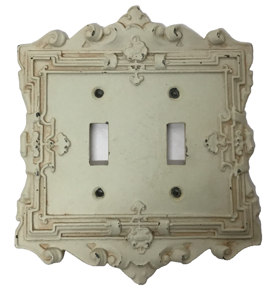 Art Deco Vintage Beige Diecast Embossed Double Switch Plate Cover
