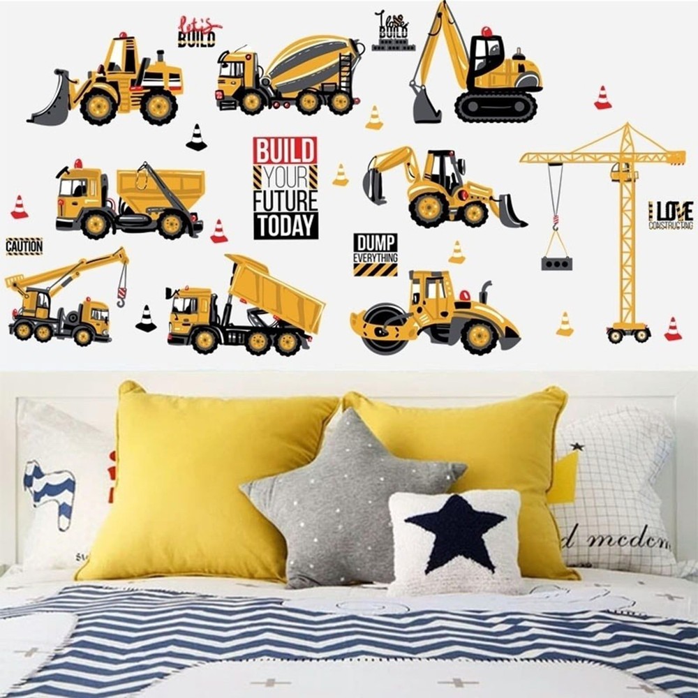 Construction Wall Stickers, Truck Digger Excavator Cartoon Engineering Car De...