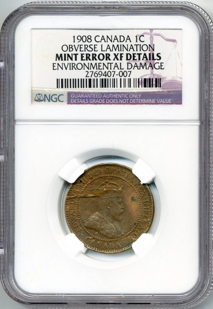 1908 Canada Large Cent, MINT ERROR, Obverse Lamination - NGC EF Details