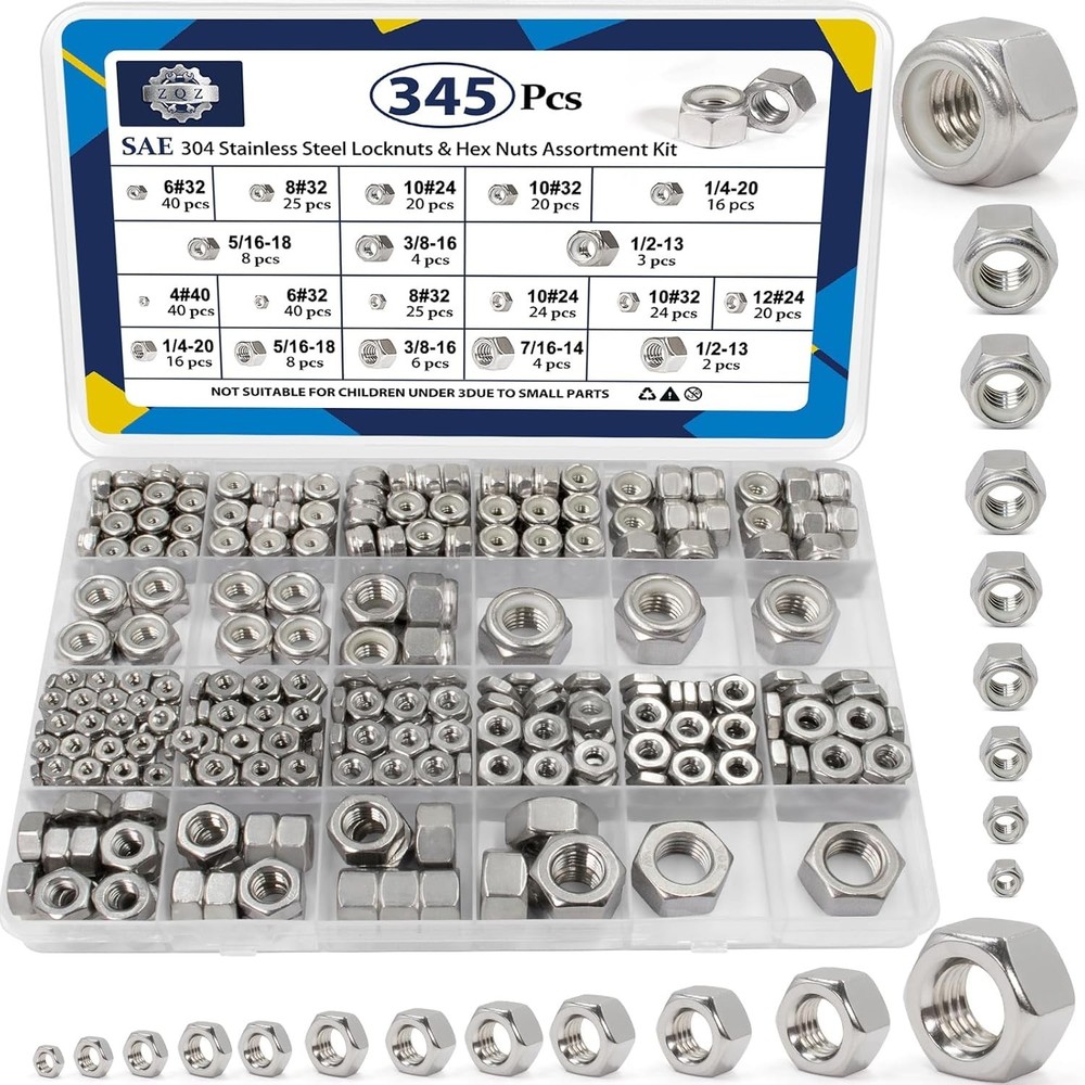 Stainless Steel Lock & Hex Nut Assortment, 345 pcs