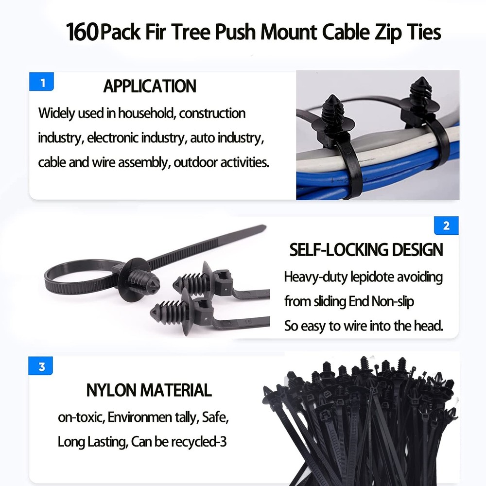 160Pcs Universal Nylon Push Mount Cable Zip Tie, Self Locking Cable Strap,Hea...