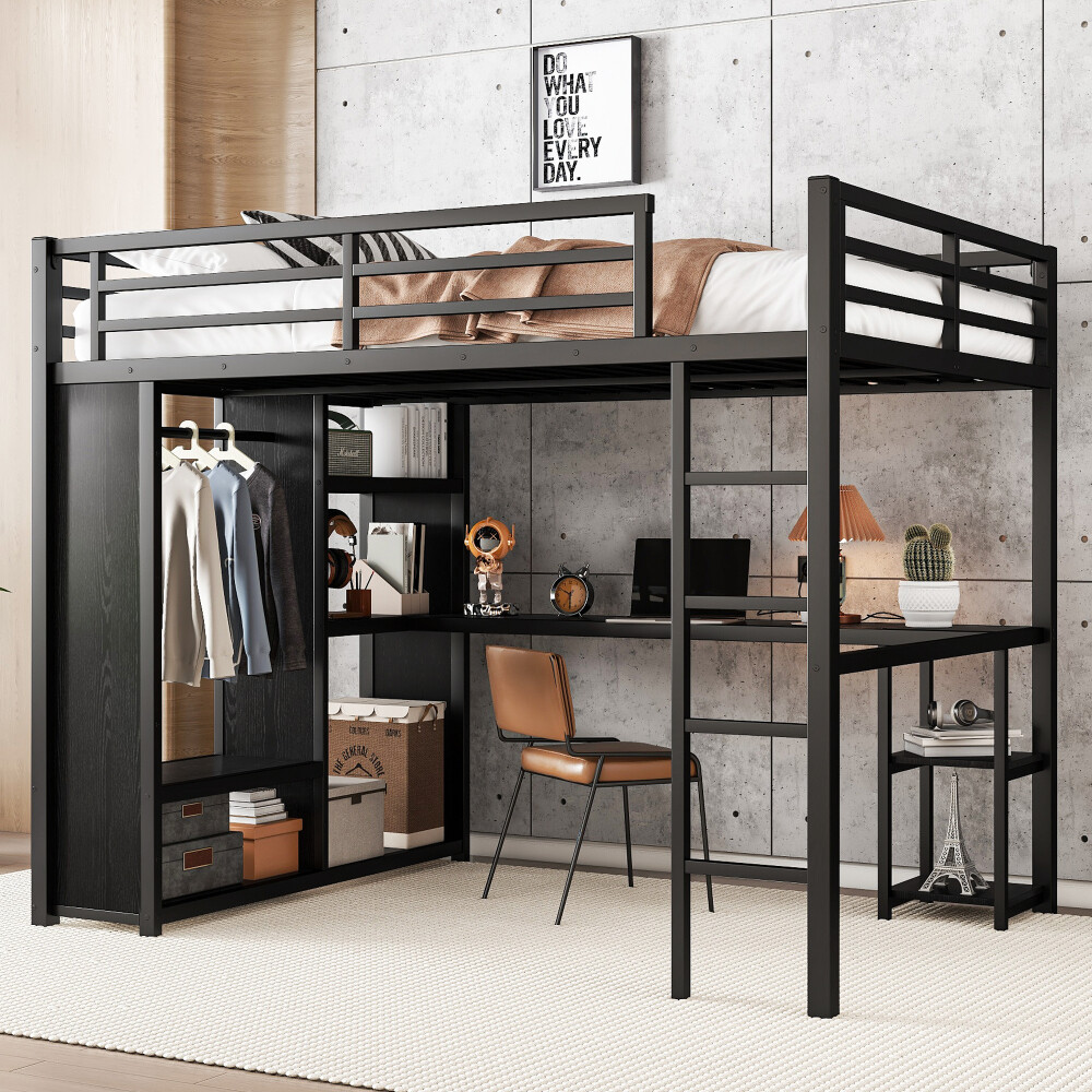 Queen Size Loft Bed Frame with Wardrobe, Desk & Storage Shelves