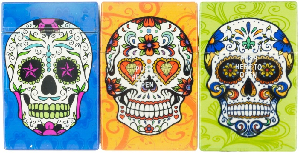 (12) 100' Size Push-to-Open Plastic Cigarette Case Candy Skull Design