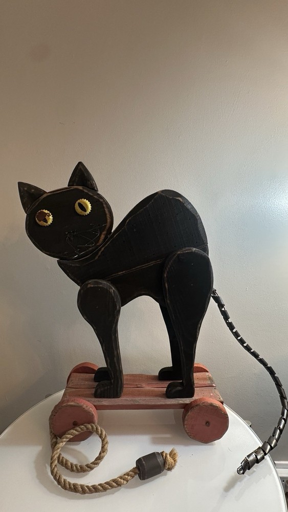 Vintage Folk Art Black Cat Pull Toy