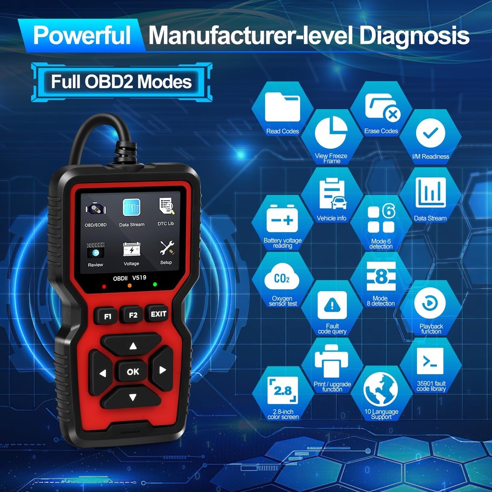 Pro OBD2 Scanner Tool, Check Engine Code Reader, Reset, Mode 6, Mode 8, 35K+