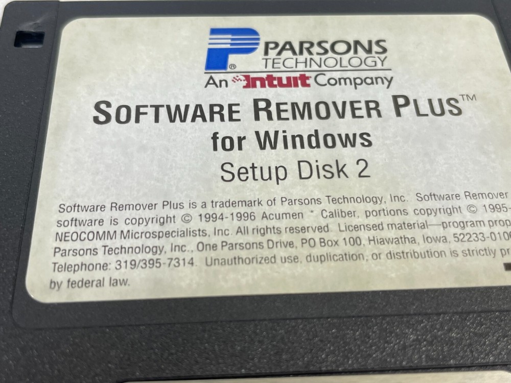 Vintage 1996 Parsons Technology Software Remover Plus for Windows 3.5" Floppy