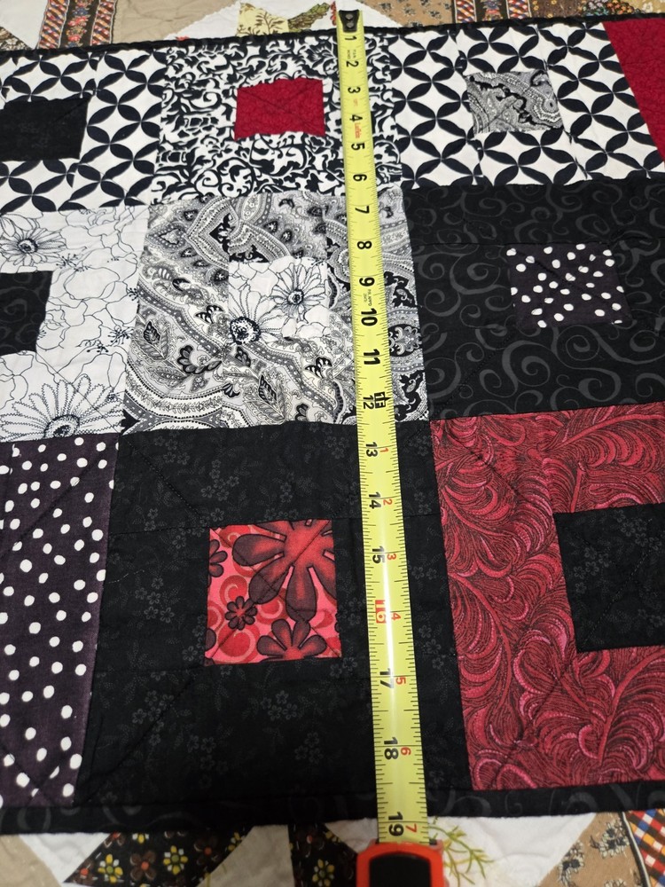 Handmade Quilted Patchwork Table Runner Black Red White Hearts 59x17"