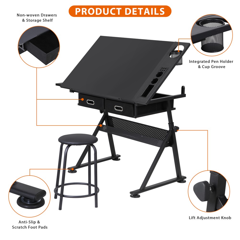 Drafting Table Drawing Desk Workstation Adjustable Tabletop w/Stool & 2 Drawers