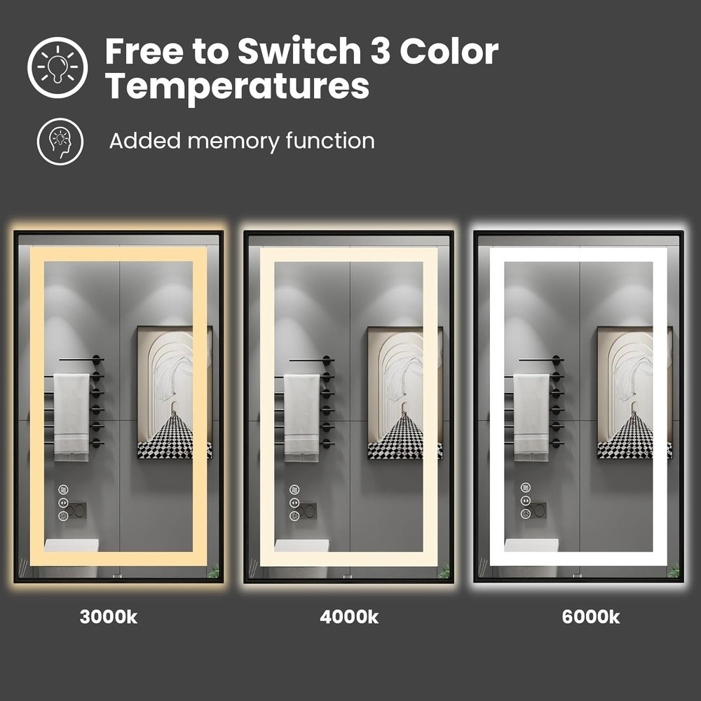 24"x 32" LED Bathroom Mirror with Black Frame, Front Light and Backlit, Stepl...