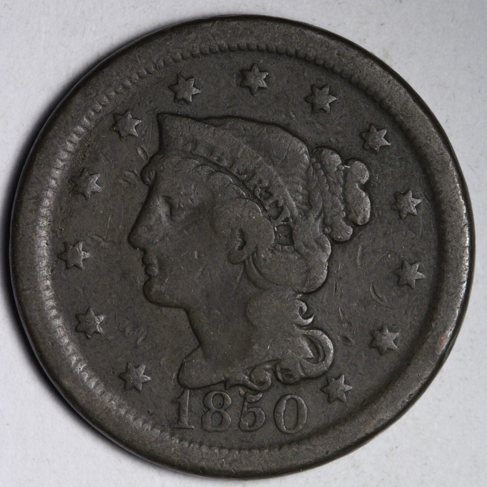 1850 Braided Hair Large Cent FINE E105 TWICK