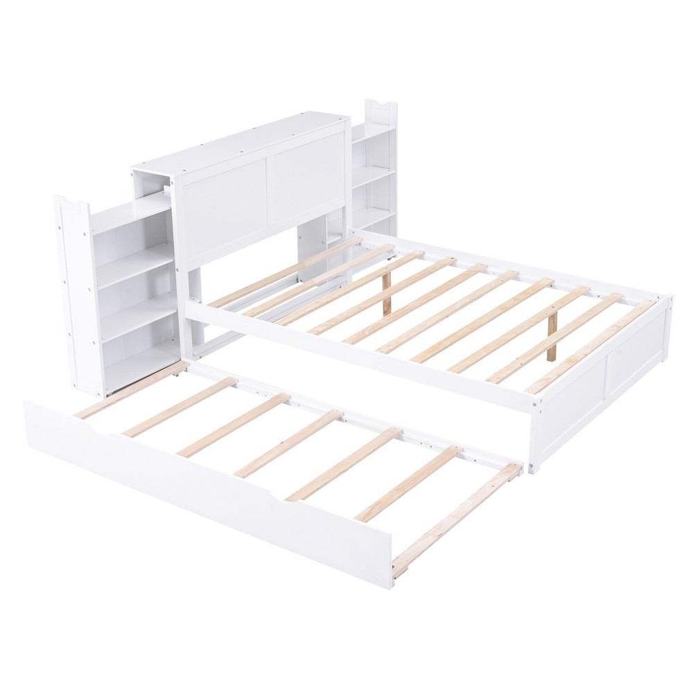 Full/Queen Size Bed Frame Wood Platform Bed w/ Trundle & Pull Out Shelves White