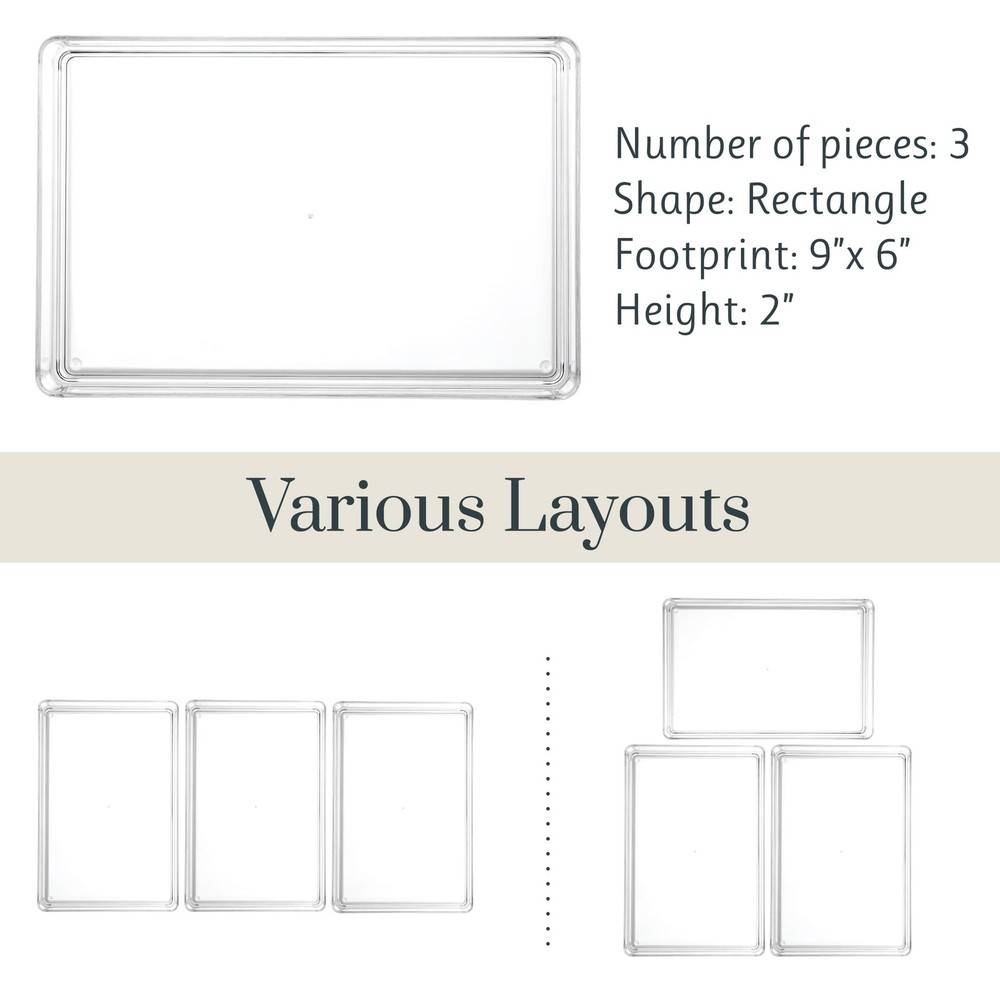 SimpleSort 3-Piece Stackable Clear Drawer Organizer Set | 9" x 6" x 2" Rectan...