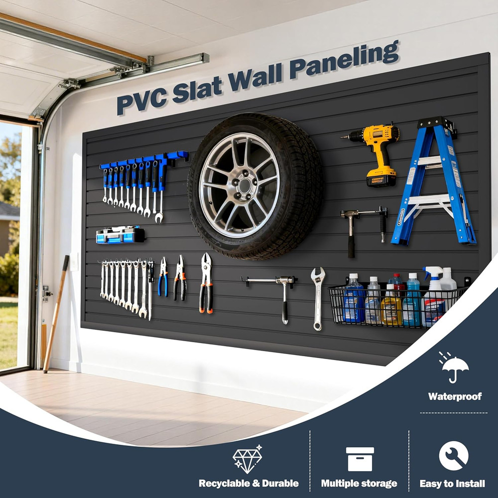 Black PVC Slat Wall Panel 4x8ft - Garage Tool Organizer & Storage System