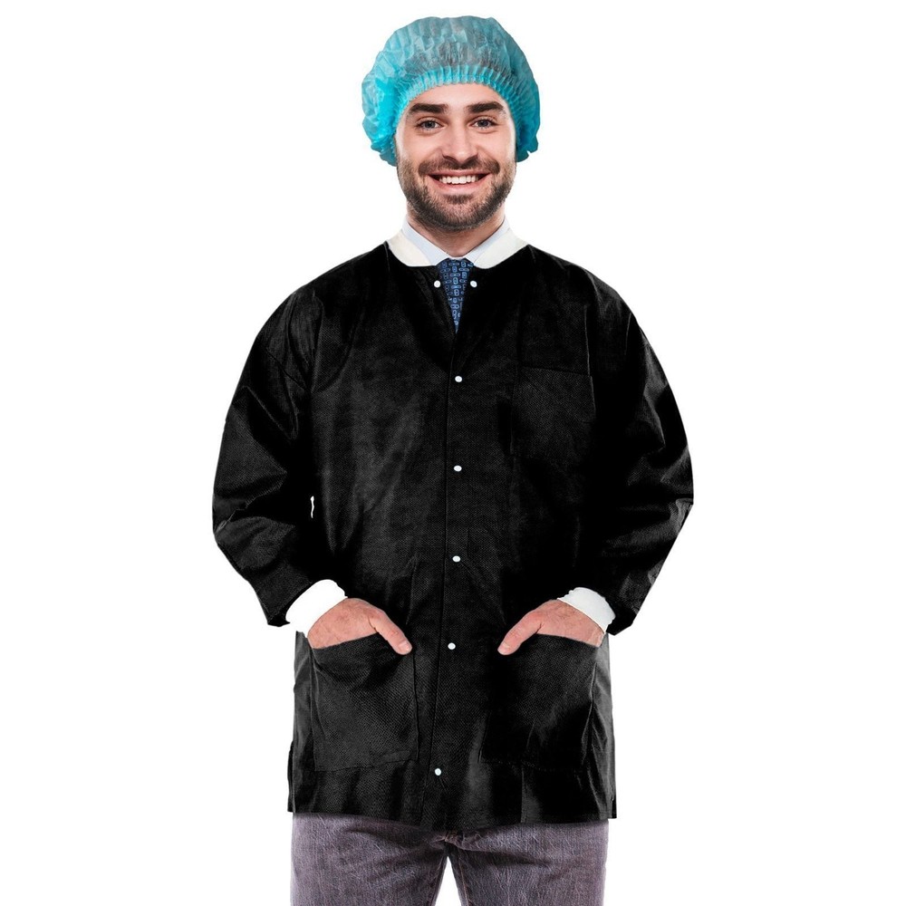 Black Disposable Lab Jackets SMS 50 gsm Snap Front 100 Count Medium 30 in