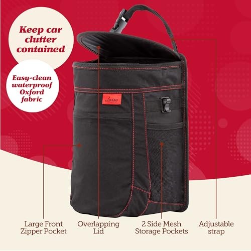 Spill-Proof Car Trash Can (2 Pack) - Easy 2-Pack Black, Red Stitching 2.5 Gal