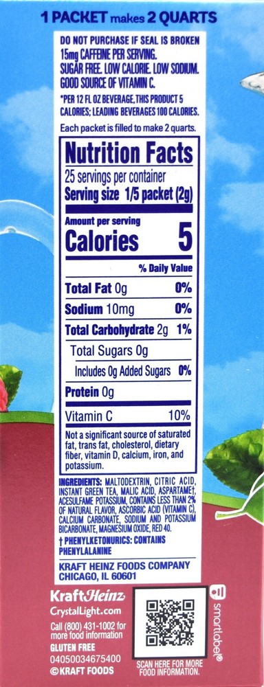 4 10-Quart Boxes Crystal Light Raspberry Green Tea Drink Mix