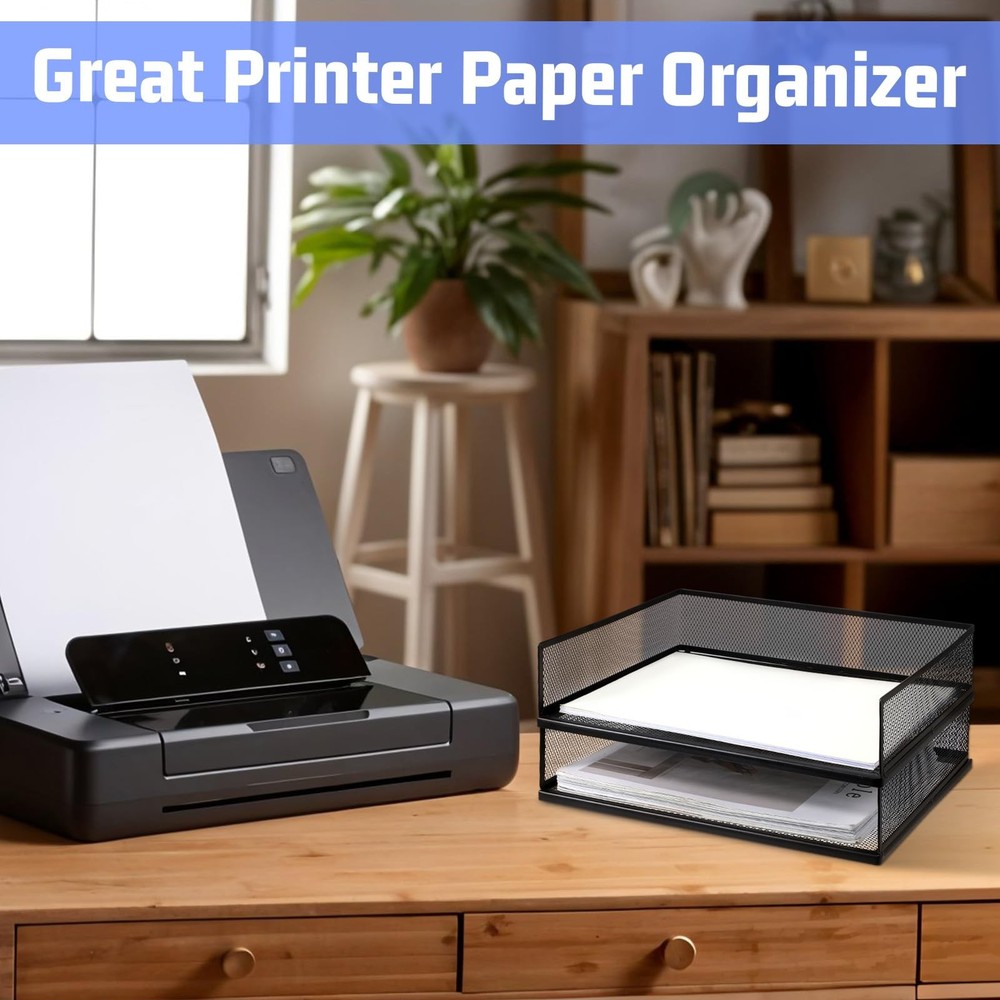 2 Pack Black Stackable Letter Tray, Wire Mesh, Transverse Load, Desk Organizer