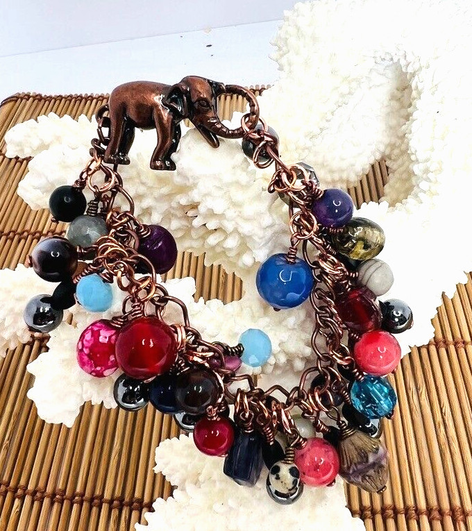 Gemstone Bead Copper Tone Elephant Closure Dangle Bracelet Boho MultiColor