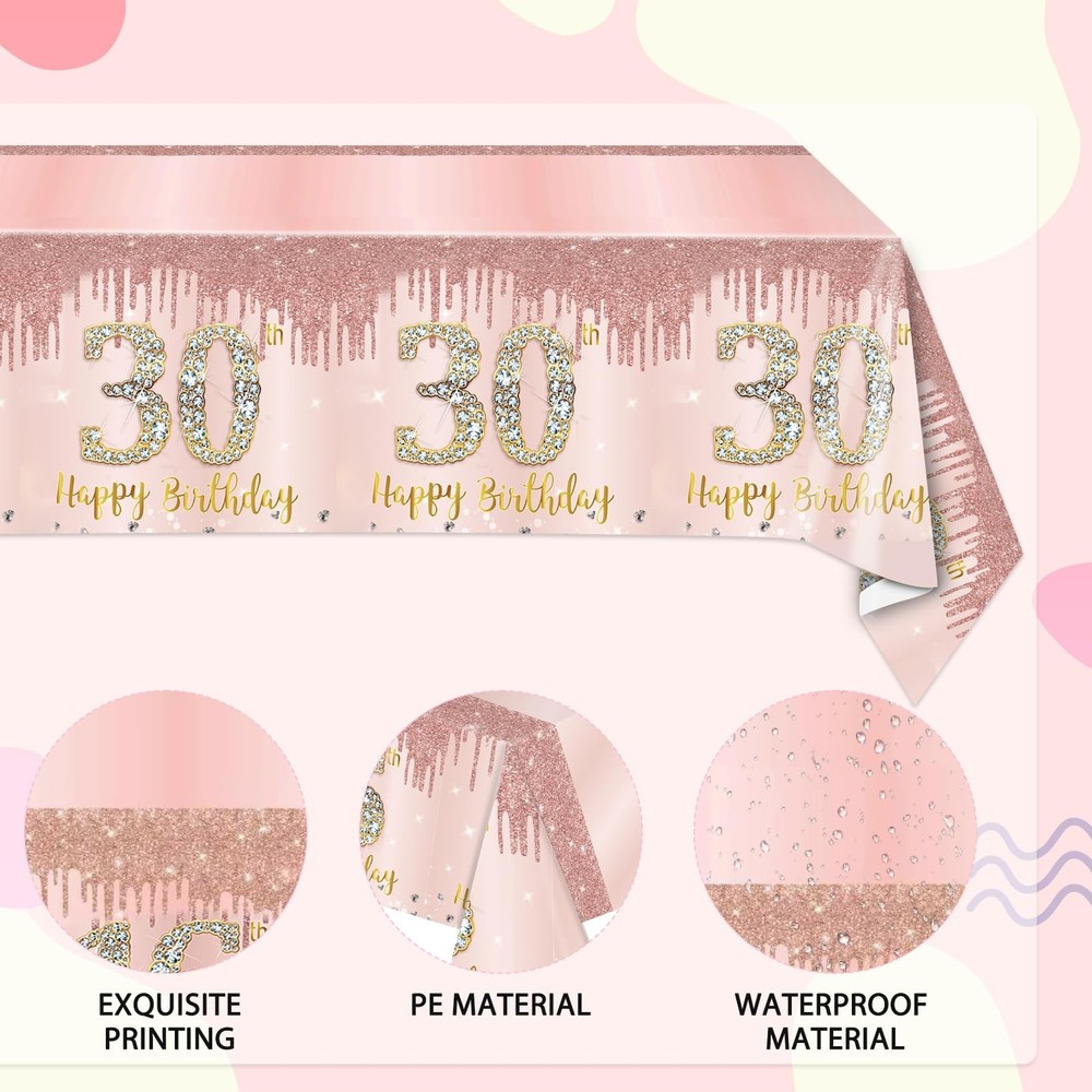 3 Pack Rose Gold 30th Birthday Tablecloths for Women - Rectangular Waterproof...