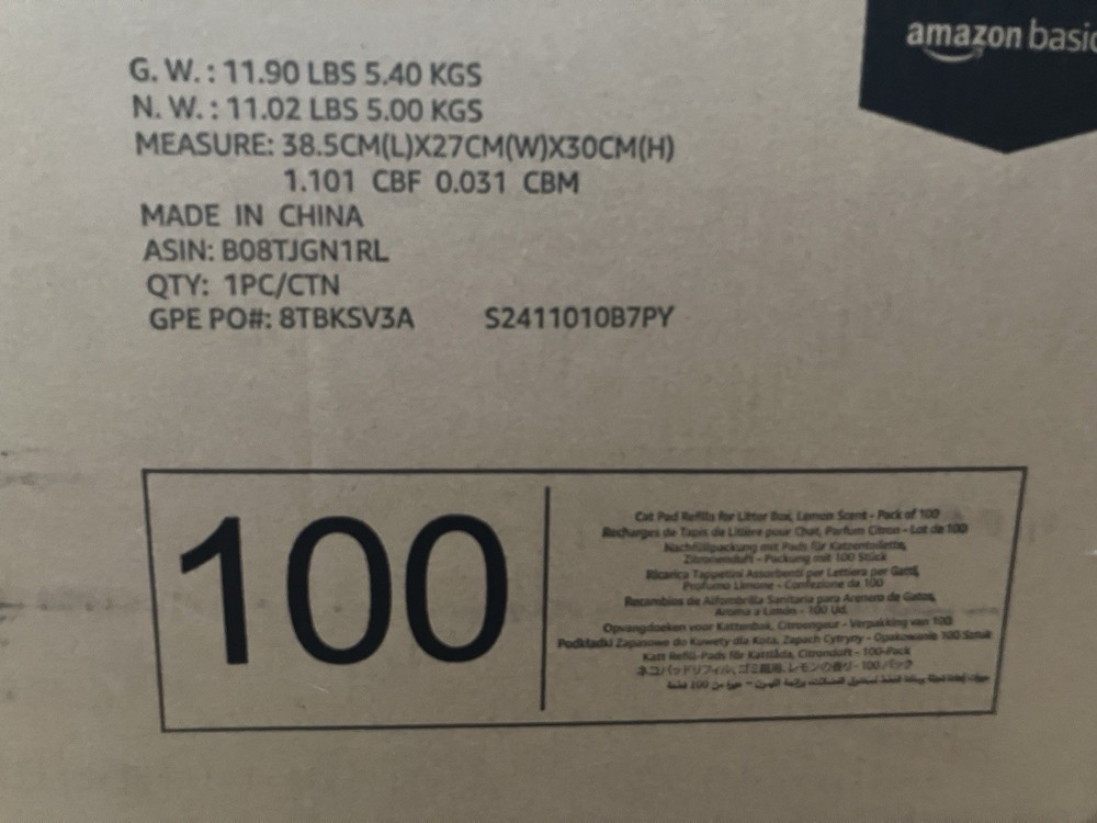 100 PACK UNOPENED Amazon Basics Cat Pad Refills for Litter Box Lemon Scent