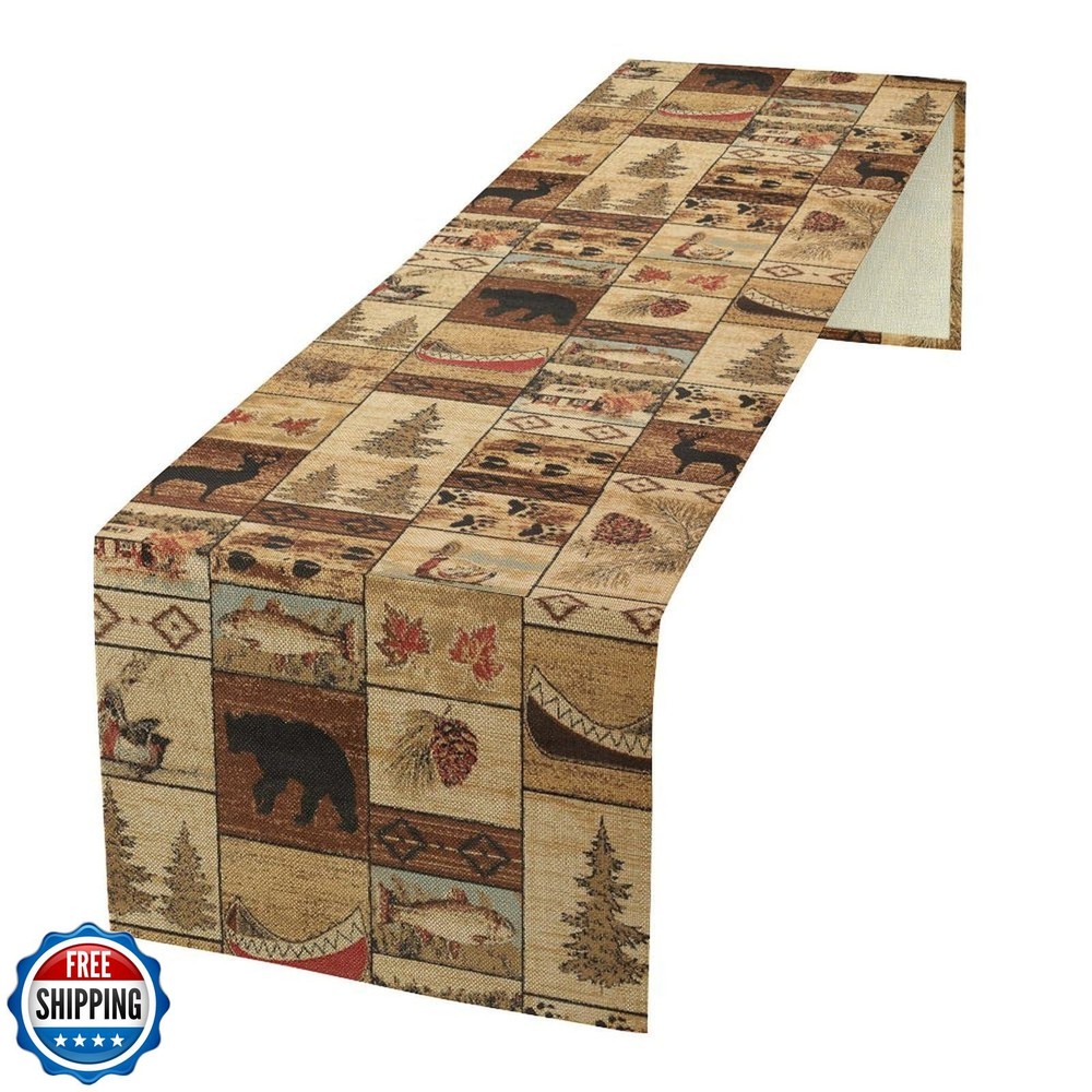 Retro Rustic Table Runner, Bear Deer Elk Cabins Tribal Geometric Pattern Coun