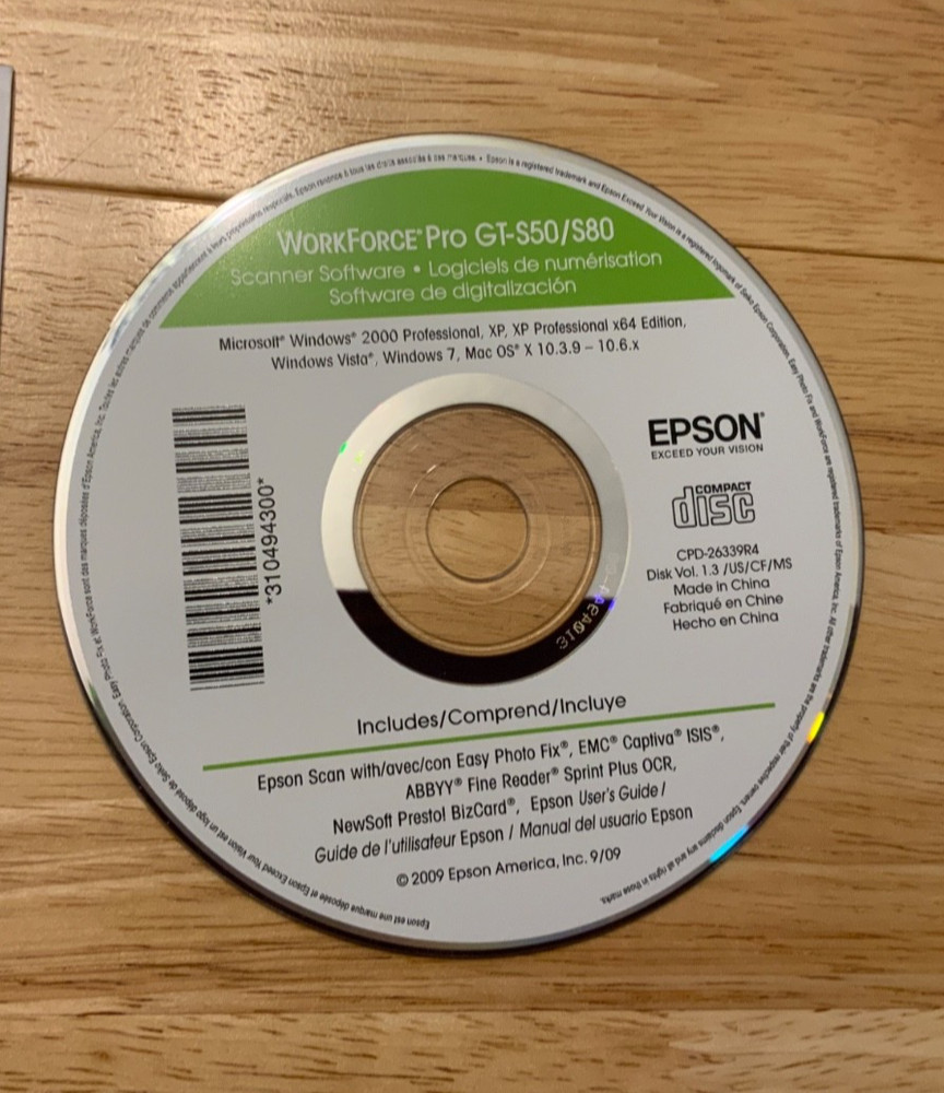 Epson Workforce Pro GT-S50/GT-S80 Scanner Driver Software CD DVD