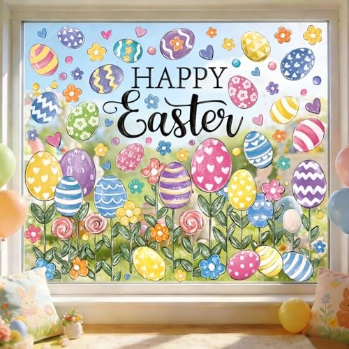 6 Sheets Large Easter Window Clings Happy Easter Eggs Window Eggs with Flower