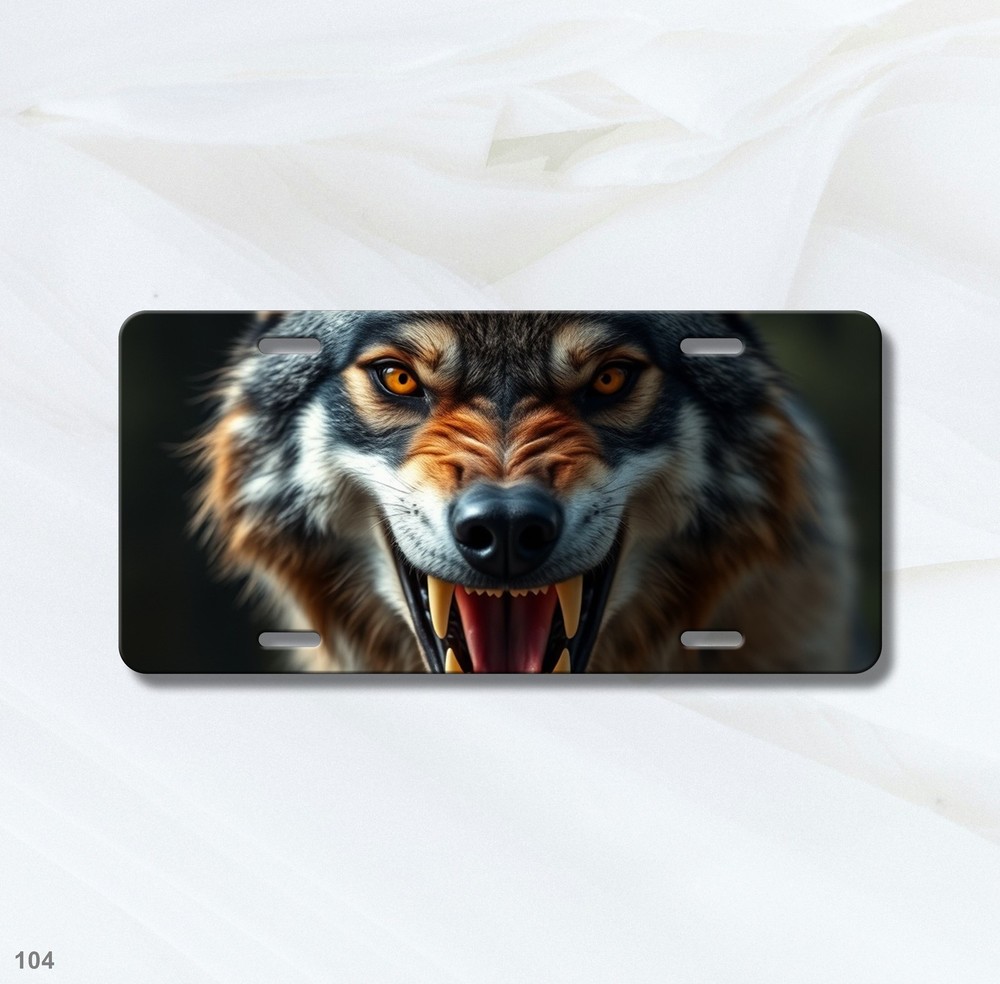 Aggressive Wolf License Plate with Fangs Customizable Auto Tag Unique Gift