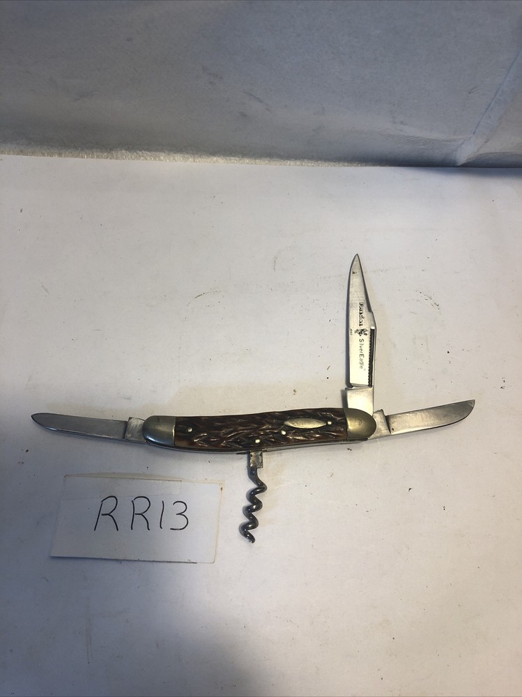Precise SIlver Eagle 440 Pocket Knife 4 Function Wood Grain Handle