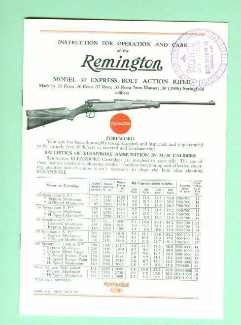 Remington Model 30 Owners Manual Reproduction