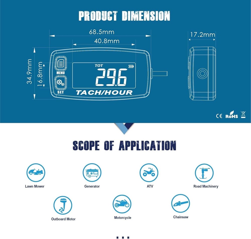 Digital Tach/Hour Meter, Dual-Color Backlight