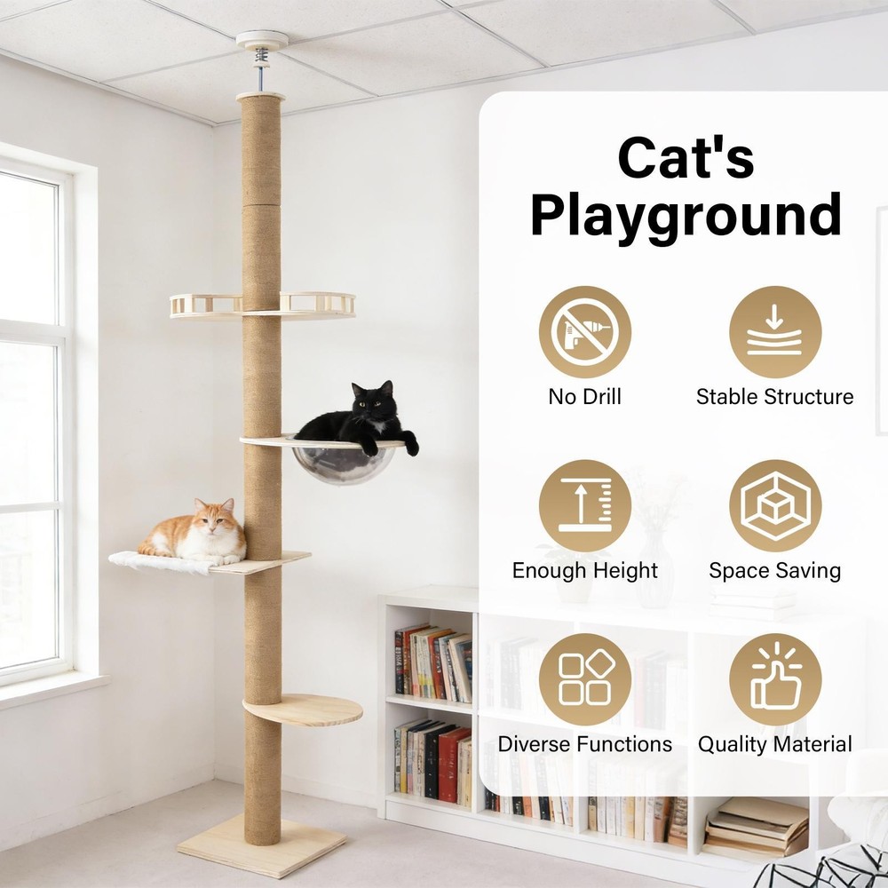 Floor To Ceiling Cat Tree 4 Layer 8.5-8.7 Ft Adjustable Height Climbing Tower
