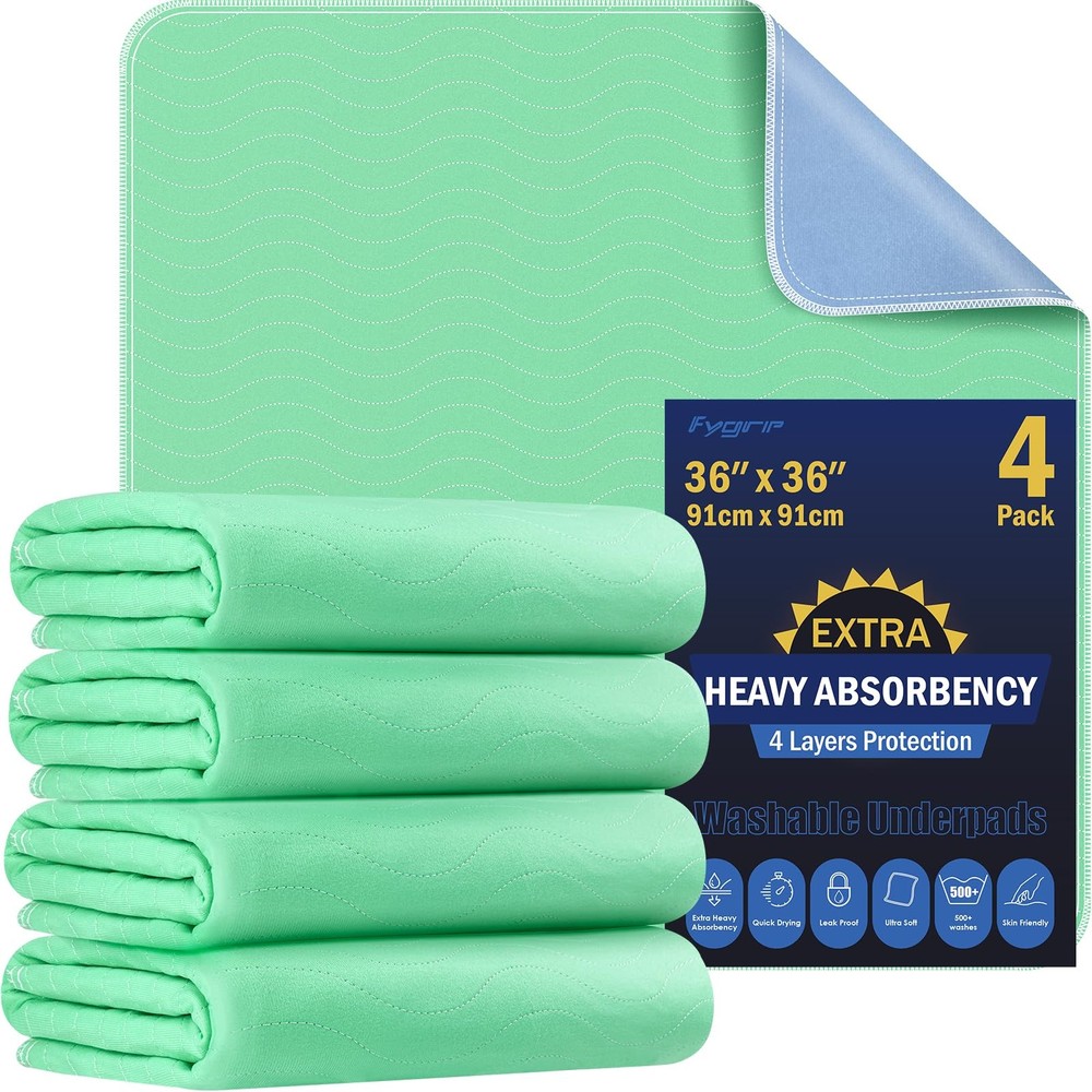4 Pack 36” x 36” Extra Heavy Absorbency Washable Underpads, Waterproof Quick ...
