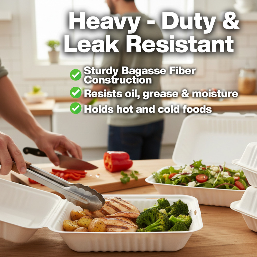 Bagasse Hinged Container, White, PFAS FREE, 9" x 6", 125pcs