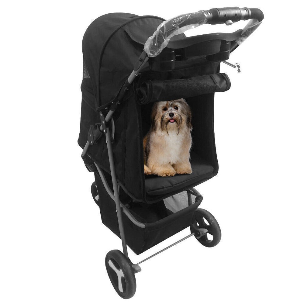 3/4-Wheels Folding Pet Stroller with Cup Holder, Mesh Window Portable Stroller