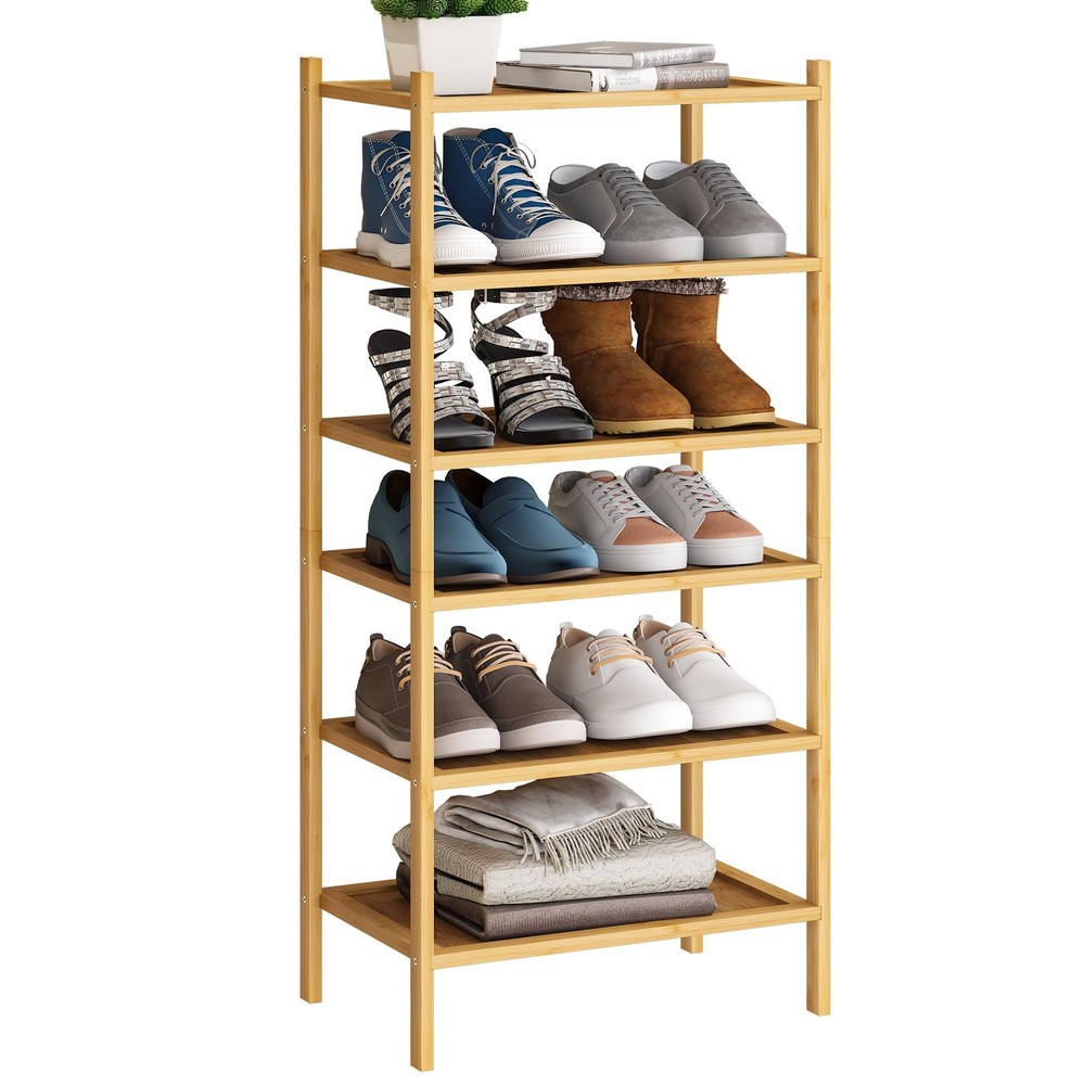 6-Tier Bamboo Small Shoe Rack Premium Stackable Shoe Shelf Storage Organizer ...