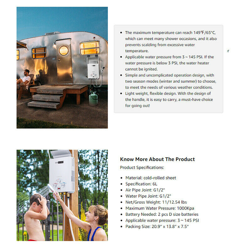 Portable 1.6GMP Propane Gas 6L Water Heater Tankless Instant Boiler Outdoor RV
